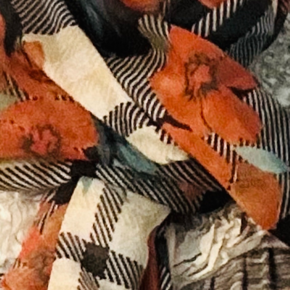 Floral Black and Orange Silk Blend Scarf on geometric Black and White pattern - Picture 3 of 7